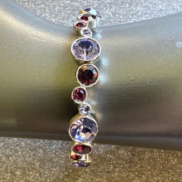 Purple Stretch Handmade Bracelet Round Faceted Stones in Silver Tone - Picture 1 of 5